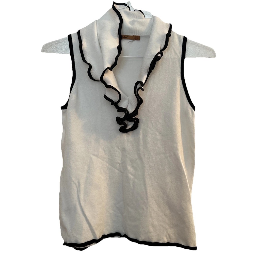 VTG Belldini Sleeveless Knit Top White‎ With Black Ruffle Collar Size Large